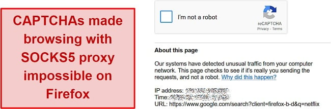 Screenshot of CAPTCHA on IPVanish proxy on Firefox