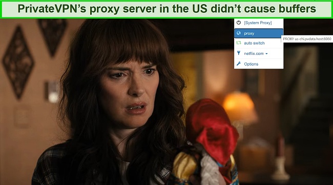 Stranger Things streaming on Netflix while PrivateVPN is connected to a US proxy server