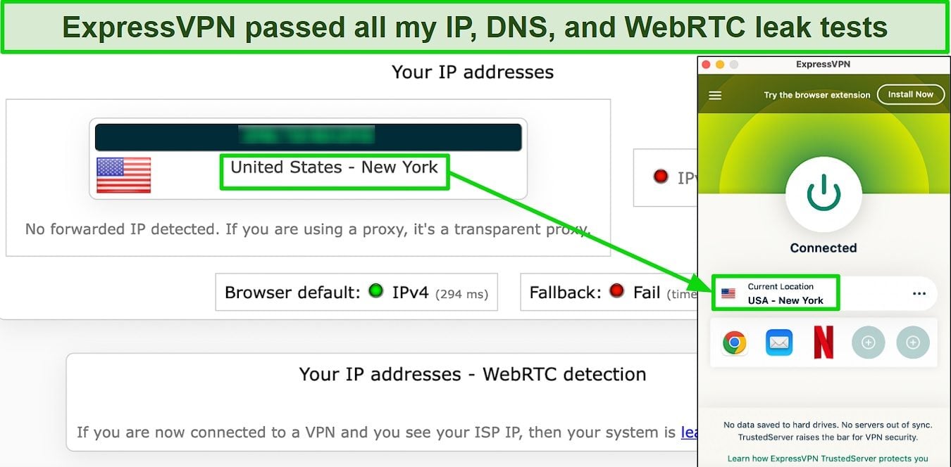 mage of leak test proving that ExpressVPN successfully hides user's actual IP address.