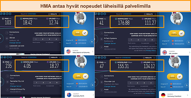 Kuvakaappaus nopeustesteistä, jotka on suoritettu 4 eri HMA-palvelimella.