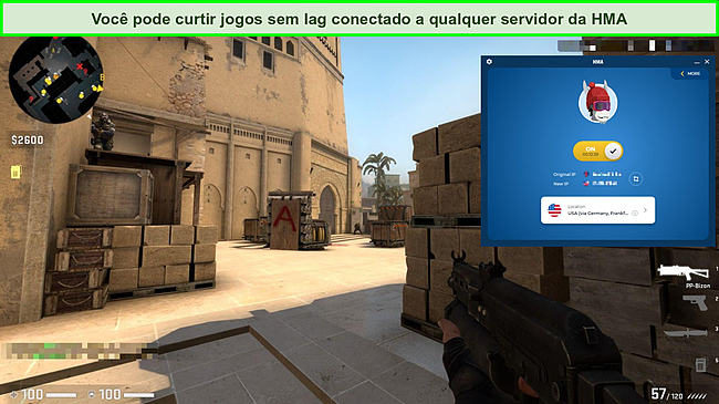 Captura de tela do jogo CS: GO com uma conexão de servidor HMA ativa.