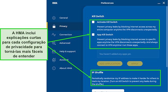 Captura de tela das configurações no aplicativo do HMA, destacando descrições curtas abaixo de cada opção.