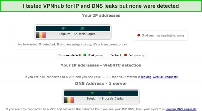 Screenshot of leak test results while using VPNhub