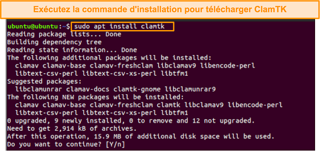 Capture d'écran de la commande d'installation de ClamTK sur Ubuntu