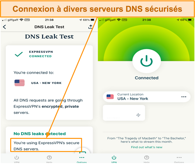 Capture d'écran des serveurs DNS sécurisés et du test de fuite DNS à l'aide d'ExpressVPN