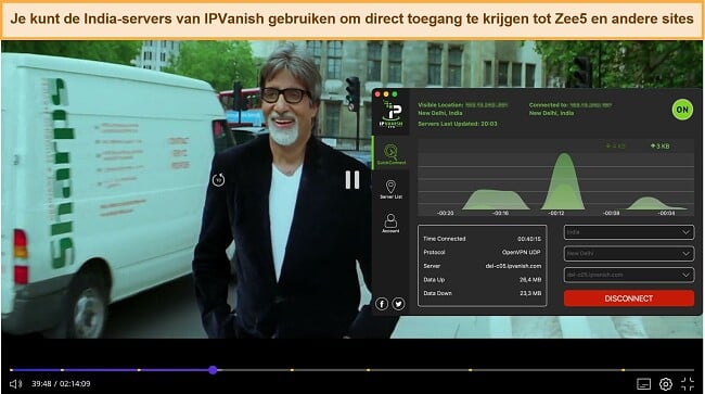 Screenshot van IPVanish die Zee5 deblokkeert