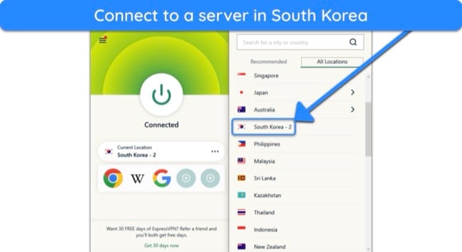 Screenshot showing how to connect to an ExpressVPN server in South Korea