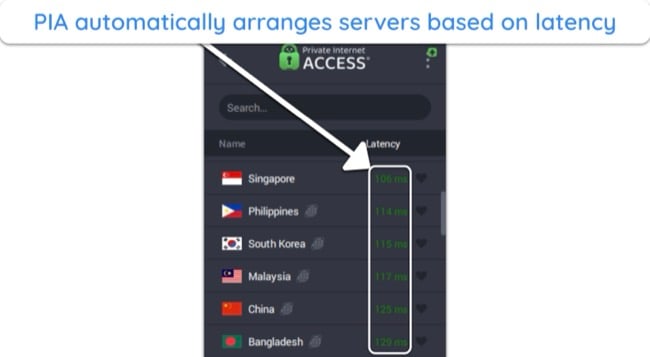 Screenshot showing how PIA arranges servers based on latency