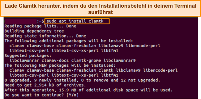 Screenshot des ClamTK-Installationsbefehls für Linux