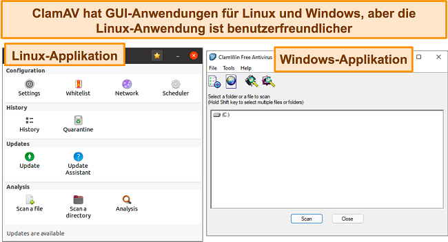 Screenshot der ClamAV-Desktop-GUI-Apps für Linux und Windows