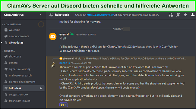 Screenshot des ClamAV-Supportkanals auf Discord