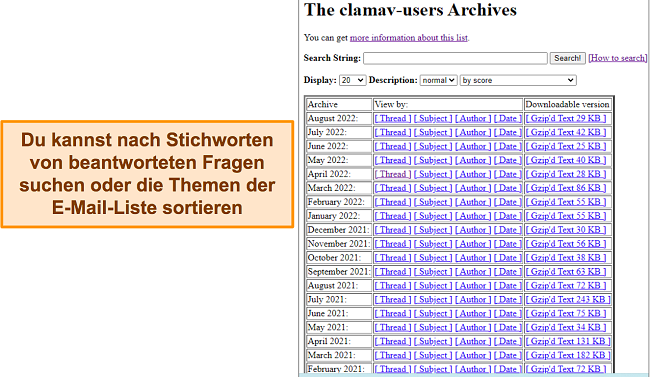 Screenshot von ClamAV-E-Mail-Listen-Threads