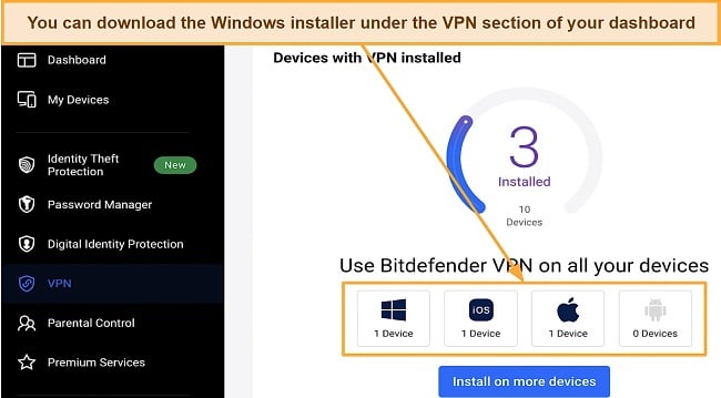 Screenshot of the Bitdefender download page for various OSes