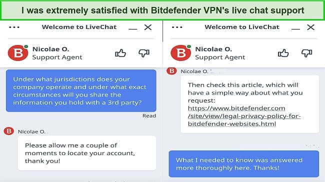 Screenshot of my interaction with Bitdefender's live chat support