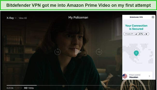 Screenshot of Bitdefender VPN unblocking Amazon Prime Video