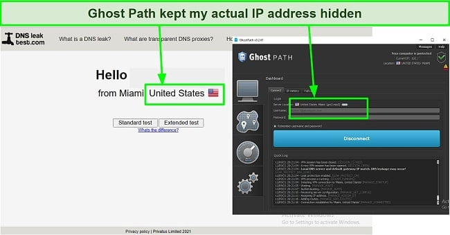 Screenshot of Ghost Path passing DNS leak test