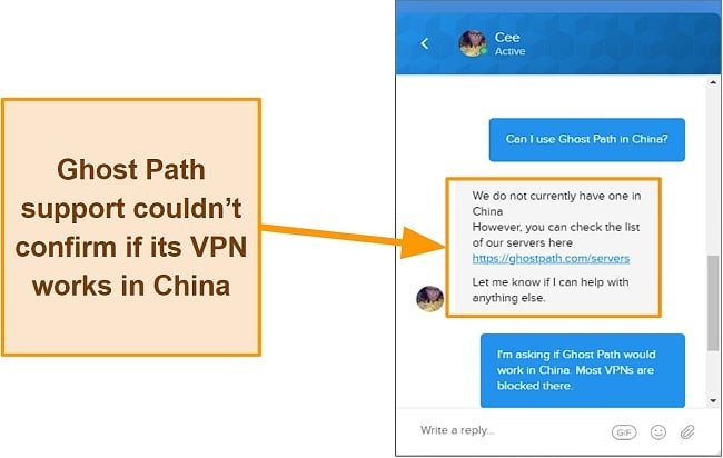 Screenshot of Ghost Path's support response concerning China