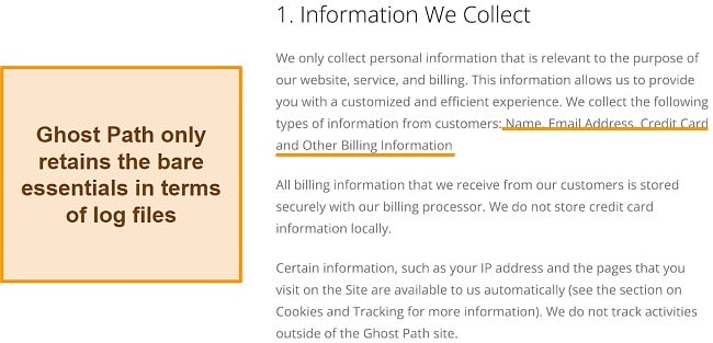 Screenshot of an excerpt from Ghost Path's privacy policy