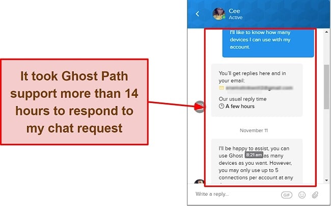 Screenshot of Ghost Path's slow response time