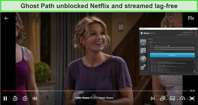 Screenshot of Ghost Path unblocking Netflix