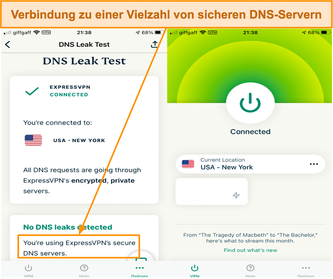 Screenshot von sicheren DNS-Servern und DNS-Leak-Test mit ExpressVPN