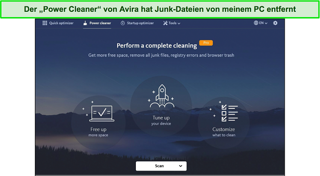 Screenshot des Dashboards des Power Cleaner-Tools von Avira