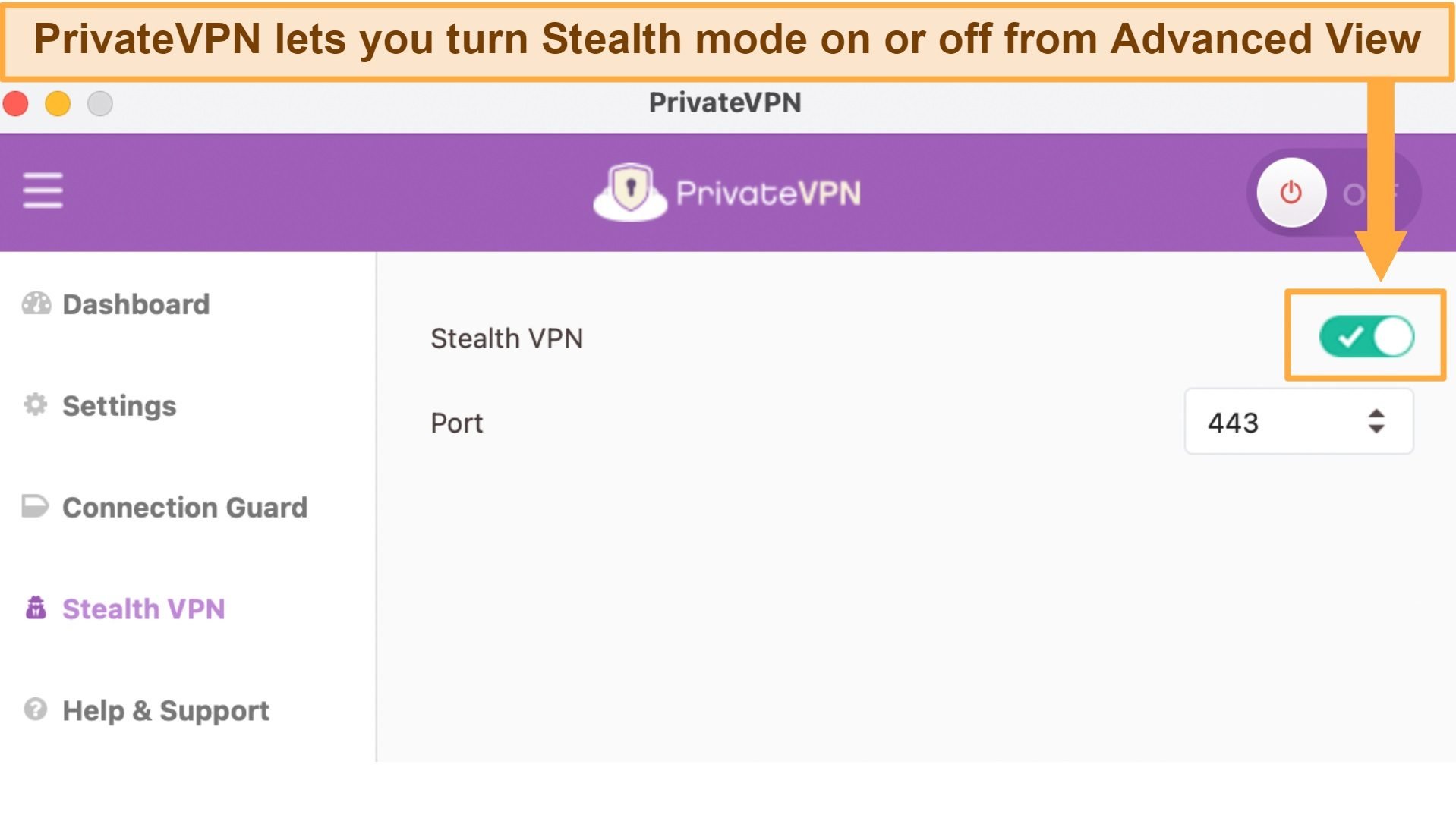 Screenshot of PrivateVPN's Stealth VPN tab