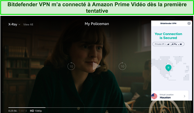 Capture d'écran de Bitdefender VPN débloquant Amazon Prime Video