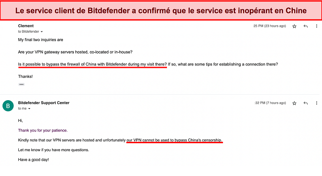 Capture d'écran de mon interaction avec le support de Bitdefender confirmant que le service ne peut pas être utilisé en Chine