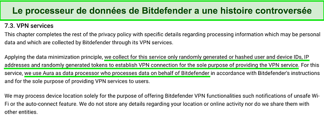 Capture d'écran de ce que dit la politique de confidentialité de Bitdefender VPN concernant la collecte de données