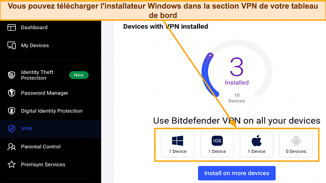 Capture d'écran de la page de téléchargement de Bitdefender pour différents systèmes d'exploitation