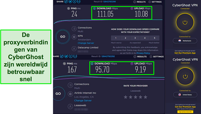 Screenshots van Ookla-snelheidstests met de Chrome-extensie van CyberGhost verbonden met servers in Nederland en de VS