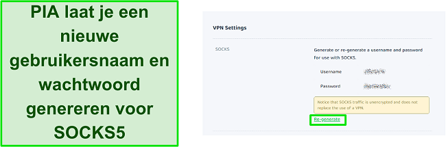 Screenshot van de VPN-instellingen van PIA om de gebruikersnaam en het wachtwoord voor SOCKS5 opnieuw te genereren