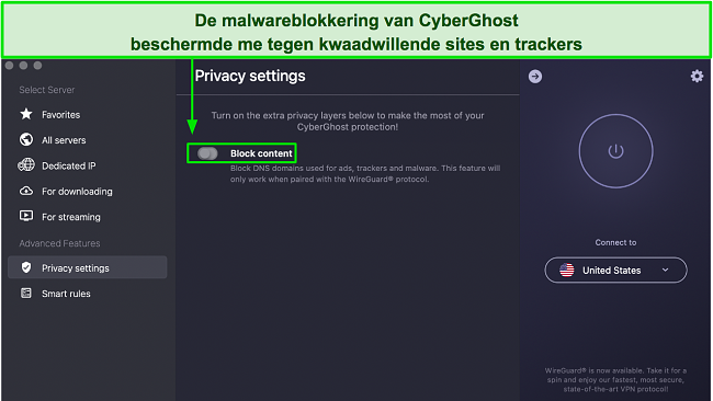 Screenshot van de advertentie-, tracker- en malwareblokkering van CyberGhost op de pagina 'Privacyinstellingen'