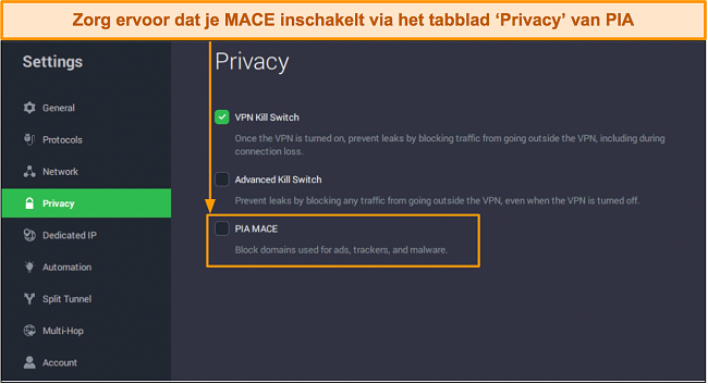 Screenshot van PIA's MACE-adblocker onder het tabblad 