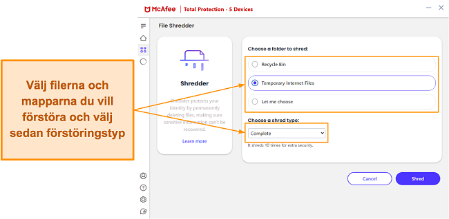 Ange fragmenteringsalternativ i McAfee File Shredder