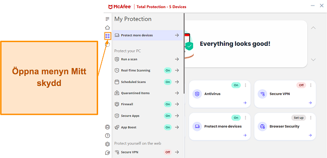 Mitt skydd-menyn i McAfees Windows-app