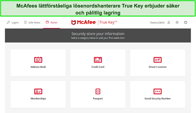 Skärmdump av McAfees True Key lösenordshanterare