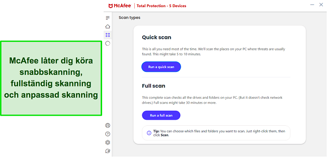 Skärmdump av McAfees olika skanningsalternativ