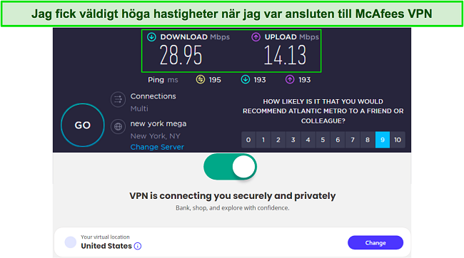 Hastighetstestresultat när du är ansluten till McAfees amerikanska server