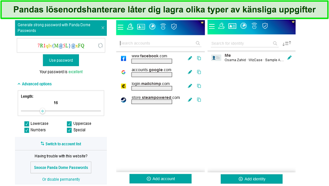 Skärmdump av olika Panda lösenordshanterare menyer