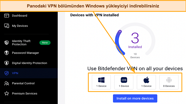 Çeşitli işletim sistemleri için Bitdefender indirme sayfasının ekran görüntüsü