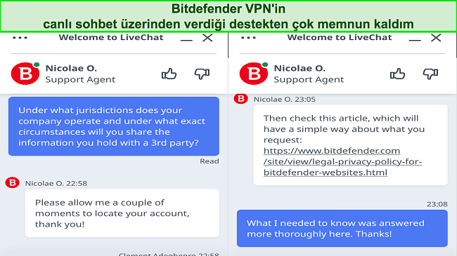 Bitdefender'ın canlı sohbet desteğiyle etkileşimimin ekran görüntüsü