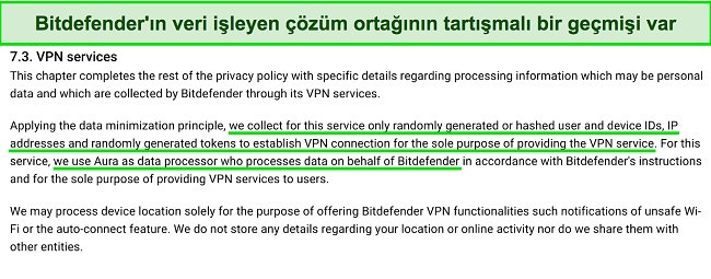 Bitdefender VPN'in gizlilik politikasının veri toplama hakkında söylediklerinin ekran görüntüsü