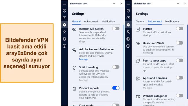 Bitdefender VPN'de bulunan ayar seçeneklerinin ekran görüntüsü