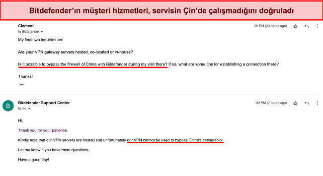 Hizmetin Çin'de kullanılamayacağını onaylayan Bitdefender'ın Destek Ekibi ile etkileşimimin ekran görüntüsü