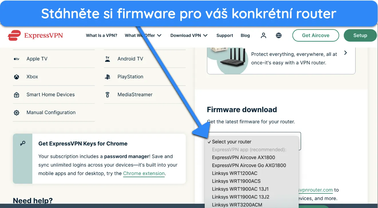Snímek obrazovky, jak stáhnout firmware ExpressVPN pro router z webu ExpressVPN.