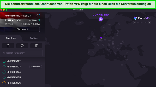 Screenshot der Benutzeroberfläche von Proton VPN