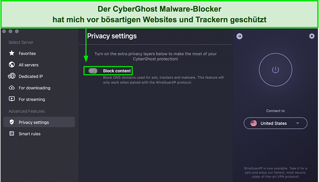 Screenshot von CyberGhosts Werbe-, Tracker- und Malware-Blocker auf der Seite „Datenschutzeinstellungen“.