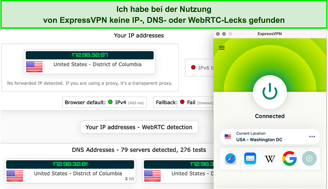 Screenshot der Lecktestergebnisse von ExpressVPN auf ipleak.net